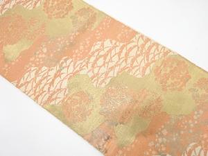 アンティーク　服部織物製　こはく錦　道長取りに雪芝・花丸文様織り出し袋帯（材料）